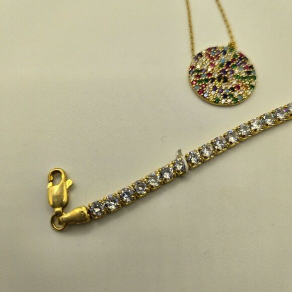 Gold Tone Necklace Bracelet Set Multi Rainbow Crystal Accents 925 Sterling Silve - Picture 3 of 7